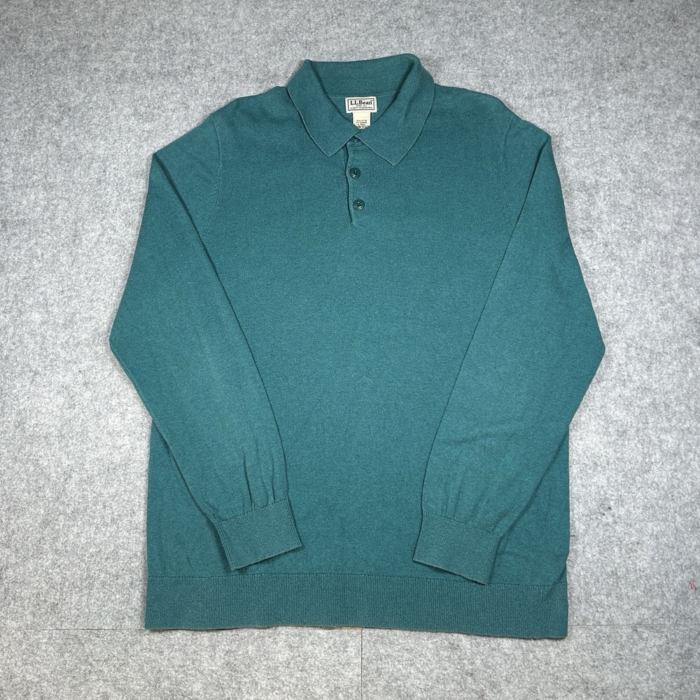 LL Bean‎ Polo Knit Sweater Men's Size Large TALL Blue Long Sleeve Cashmere Blend